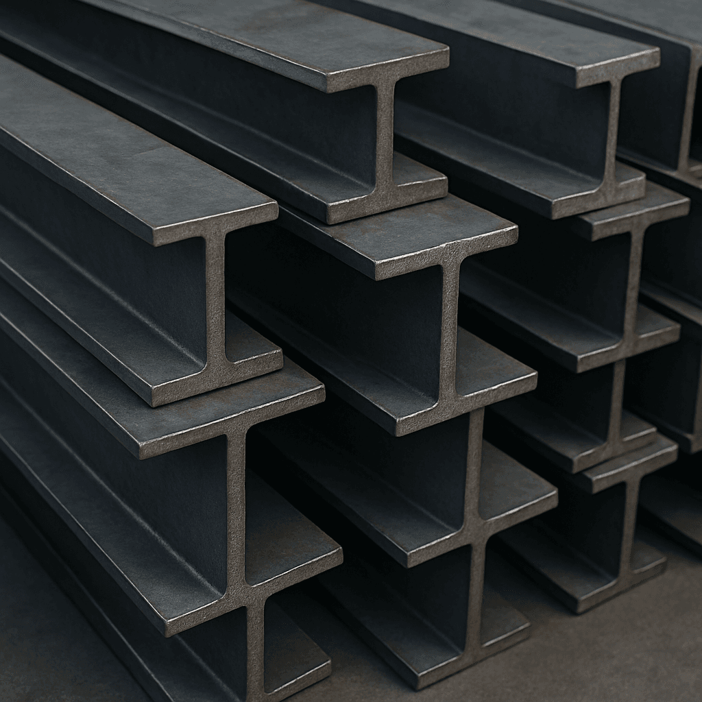 Large structural steel I-beams and H-beams in a modern construction setting